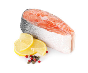 Steak of fresh raw salmon and spices isolated on white