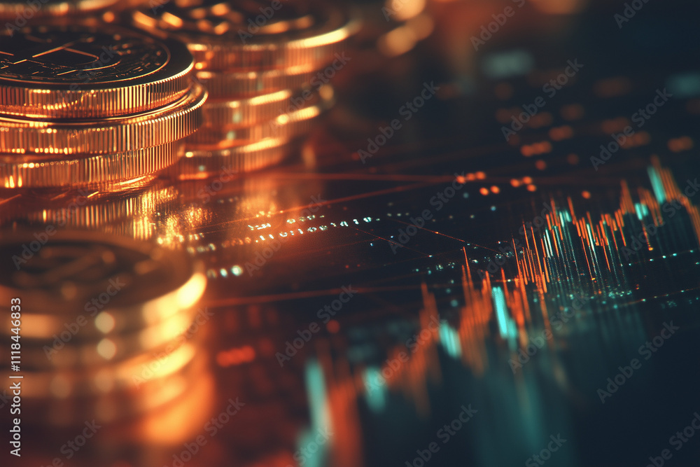 Poster a graph showing upward trends with coins and seedlings in the foreground, representing investment gr