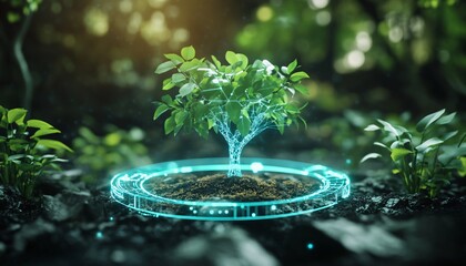 Futuristic hologram illustrating the internal structure of a tree, showcasing advancements in plant research and innovative visualization techniques.