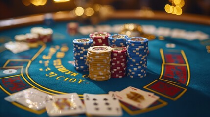 Stacks of casino chips on a green felt table with playing cards.