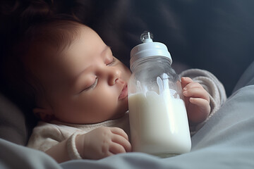 Baby peacefully drinking milk from bottle while lying comfortably on soft blanket. Warm and gentle lighting creates serene atmosphere.