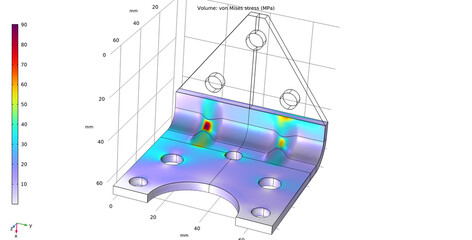 Metal bracket drawing. Von mises stress plot. Computer 3d modeling of steel mechanical part.  Technic education cad design  environment of engineering calculation.  Physical properties of solids. © TKalinovskaya