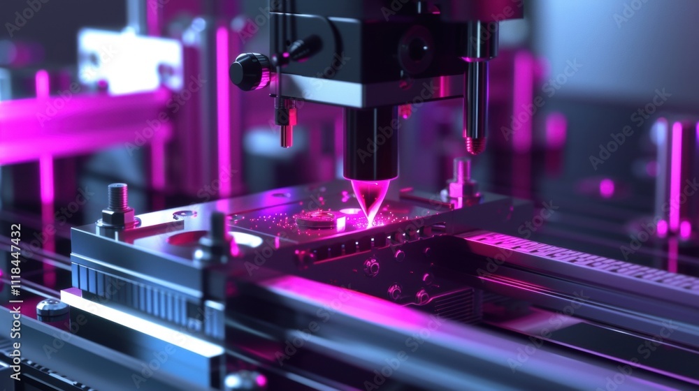 Poster automated robotic arm precisely laser engraving microchip in modern electronics factory, representin