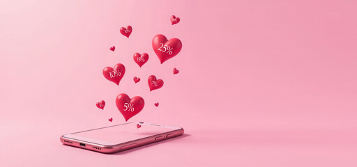 Glamorous phone with red hearts flying out of it on pink background. On hearts written discount denominations “25% 10% 5%” Advertising banner, sale, discounts. Postcard concept for Valentine's Day