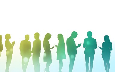 A group of people in silhouette standing and talking to each other, a social media post background with copy space on the right side, a white gradient color transitioning from green to blue Generative