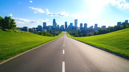 Open road leading into a distant city's tall skyline
