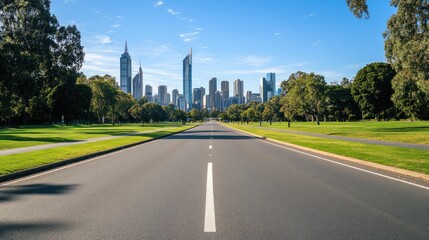 Fototapeta premium Urban road stretches towards city's modern skyscrapers