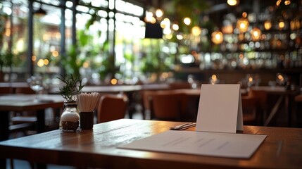 Cozy restaurant interior with a table setting and menu display.