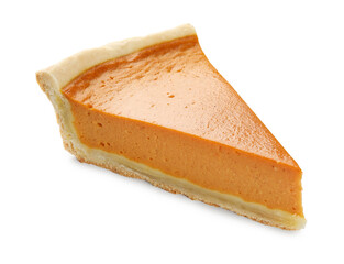Piece of tasty homemade pumpkin pie isolated on white