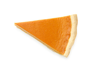 Piece of tasty homemade pumpkin pie isolated on white, top view