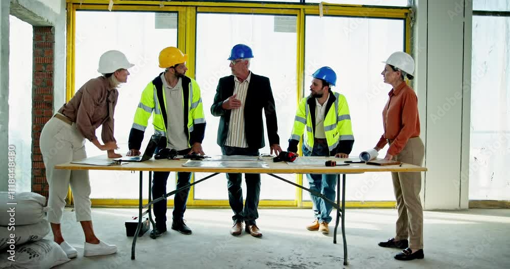 Poster Meeting, planning and construction team on site with blueprint for building maintenance. Discussion, collaboration and group of civil engineers work on architecture project for property development.
