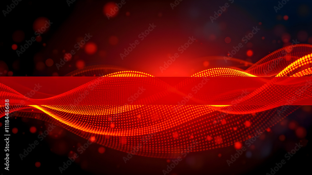 Poster abstract red wave background with glowing particles. 3d render illustration