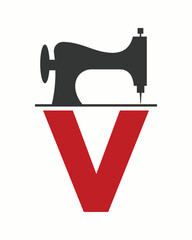 Initial Letter V Tailor Logo Design with Tailoring Machine Symbol Concept For Embroider, Textile, Cloth and Fabric Template
