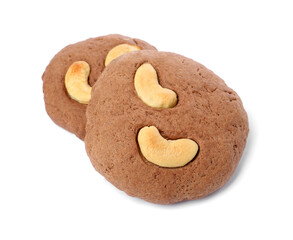 Tasty chocolate cookies with cashew isolated on white