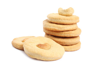 Many tasty cashew cookies isolated on white