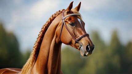 Obraz premium A chestnut horse with a neatly braided mane stands proudly, wearing a shiny bridle. The background features blurred greenery, giving a peaceful ambiance to this stunning equine moment