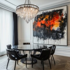 Obraz premium Elegant dining room with large abstract painting, crystal chandelier, and black leather chairs.