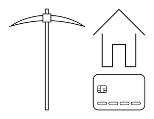 Fototapeta premium Bold line drawings of a pickaxe, house, and credit card arranged distinctly. Ideal for presentations on mining, financial planning, real estate, construction, homeownership, housing finance