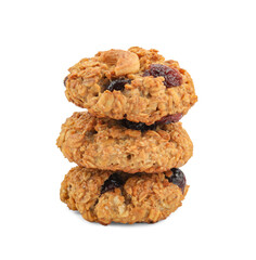Stack of delicious oatmeal cookies with dried cranberries and nuts isolated on white