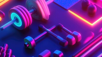 A creative representation of glowing workout accessories like weights and mats