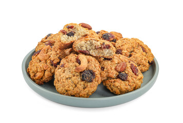 Delicious oatmeal cookies with dried cranberries and nuts isolated on white