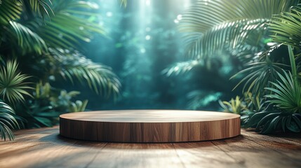 Wooden platform in lush tropical jungle setting.