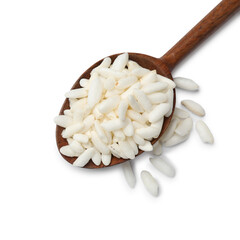 Puffed rice in spoon isolated on white, top view