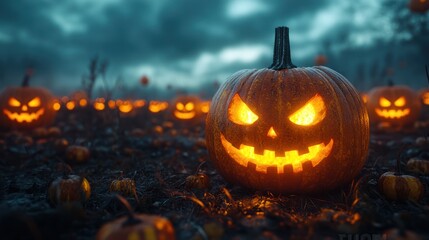 Illuminated jack-o'-lanterns in a spooky field at night.