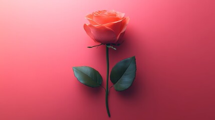 Delicate rose on a vibrant pink background with green leaves
