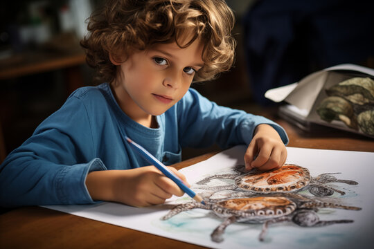 Young boy with curly hair focused on drawing crabs using colored pencils. Setting cozy, with natural light streaming in, enhancing his artistic concentration.
