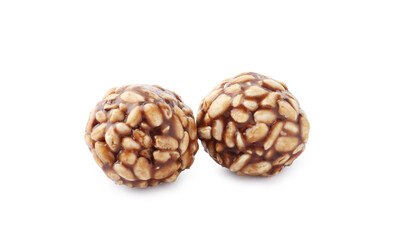 Delicious chocolate puffed rice balls isolated on white
