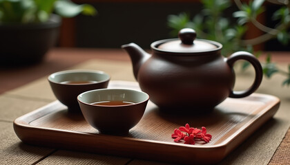 Artistic display of a teapot and bowls for a tranquil Chinese tea ceremony, celebrating International Tea Day with a touch of elegance.