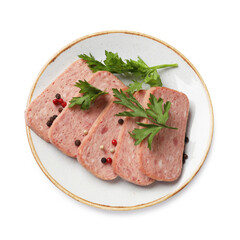 Tasty canned meat, parsley and peppercorns isolated on white, top view