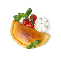 Tasty vegetarian calzone with basil, mozzarella cheese and tomatoes isolated on white, top view