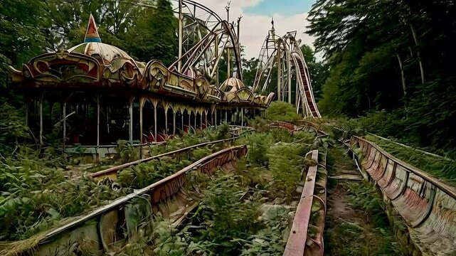 a roller coaster  and  a track  in the abandoned amusement park in Pripyat, Ukraine.