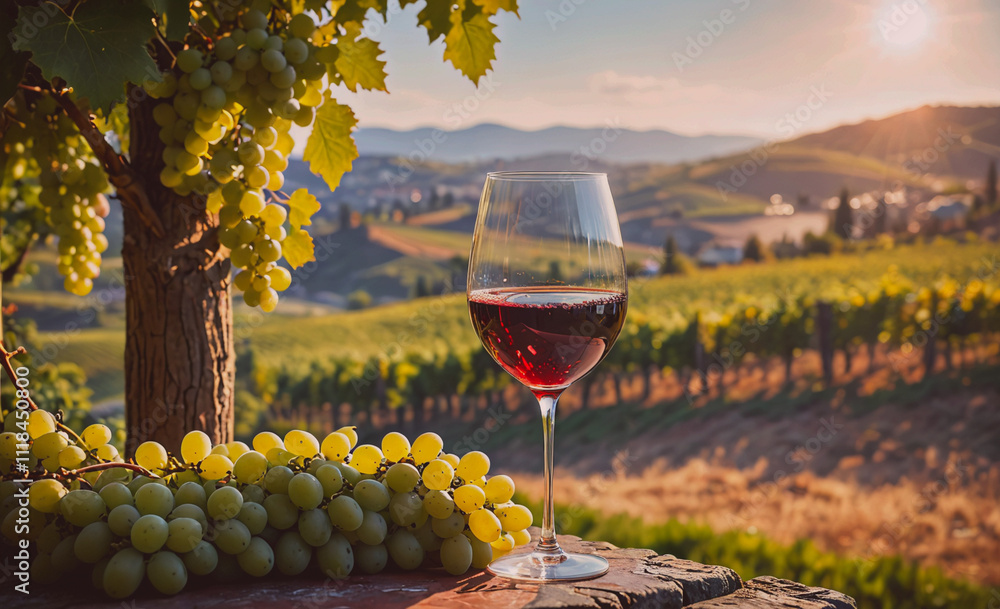 Poster A glass of red wine is on a table next to a bunch of grapes. The scene is set in a vineyard, with a beautiful view of the hills in the background