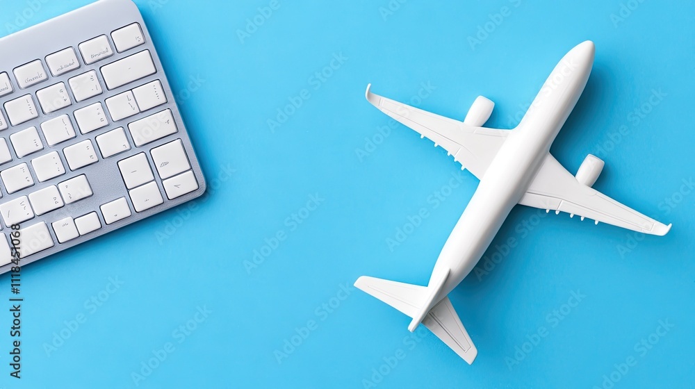 Poster a detailed model airplane sits atop a computer keyboard, showcasing a vibrant blue color scheme. the