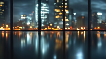 Night city view from a modern office window with reflections on a shiny floor.
