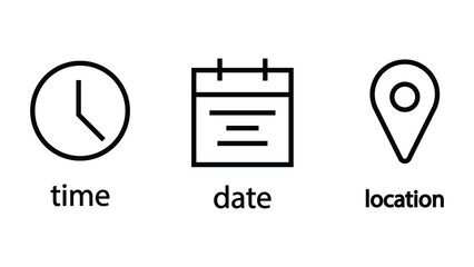 Time, date and location icon set. Calendar, clock, location. Editable stroke. Linear vector outline illustration. Vector illustration.