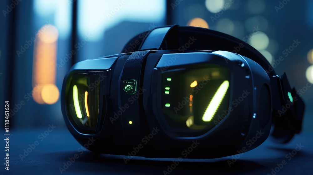 Poster a high-tech vr headset displayed with glowing interactive elements