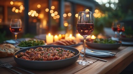 Romantic outdoor dinner with wine, candles, and delicious food.