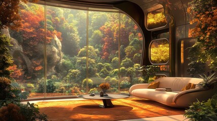 Fototapeta premium A cozy interior with large windows showcasing a vibrant forest landscape, combining nature with modern design elements.