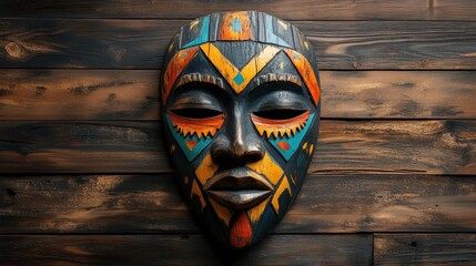 Vibrant African Tribal Mask on Rustic Wooden Background
