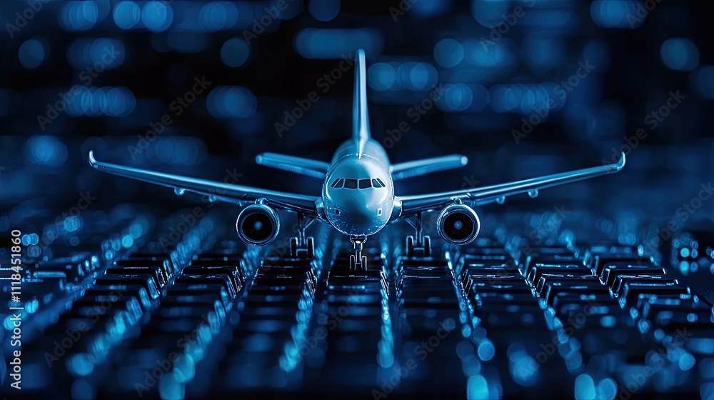 Poster a model airplane in a captivating blue hue rests on a computer keyboard, showcasing a blend of techn