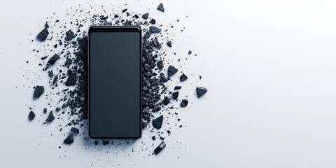spam call phone report concept. A smartphone surrounded by crushed black stones on a light background.