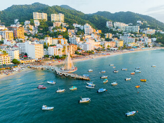 Puerto Vallarta Pier Surrounded by Water Taxis, Sunset Scenery. Jalisco State, Mexico