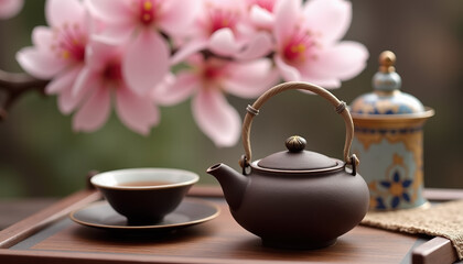 Fototapeta premium A captivating arrangement of a teapot and bowls against a floral background, designed for a serene celebration of International Tea Day.