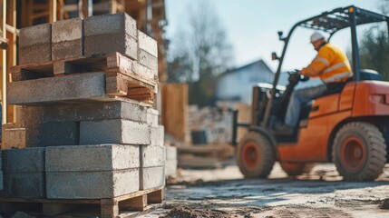 Obraz premium Construction worker operating forklift near stacked concrete blocks at a building site.