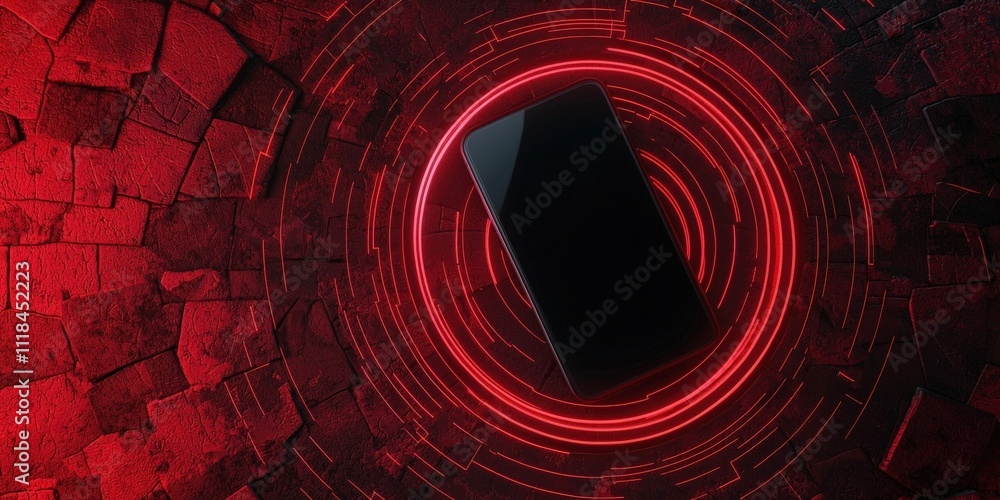 Aufkleber spam call phone report concept. black smartphone surrounded by glowing red circular pattern.
