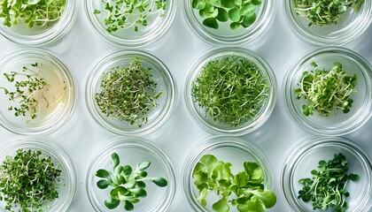 Petri dishes showcasing delicate sprouts and plant samples in a laboratory setting, highlighting the intricate process of plant research and cultivation techniques.